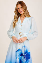Castella Midi Shirt Dress in Blue Floral Cotton Blend