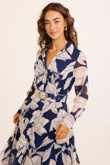 Aryanne Maxi Shirt Dress in Navy and Cream Floral Chiffon