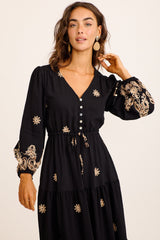 Cantine Midi Dress in Black with Chocolate Embroidery