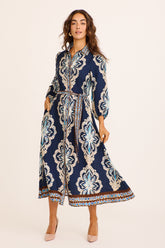 Aurelina Maxi Shirt Dress in Navy Placement Print Linen Blend