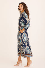 Aurelina Maxi Shirt Dress in Navy Placement Print Linen Blend