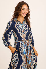 Aurelina Maxi Shirt Dress in Navy Placement Print Linen Blend