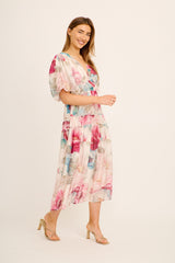 Amalie Midi Dress In Cream with Pink Floral