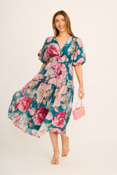 Amalie Midi Dress In Teal with Pink Floral