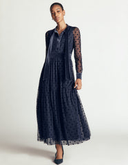 Tie Neck Tiered Tulle Dress-Navy