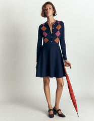 Crew Neck Jacquard Dress-Navy Jacquard