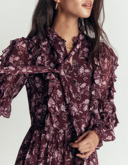 Ruffle Tie Neck Dress-Brown, Enchanted Sprigs