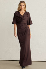 Draped Cowl Neck Short Sleeve Maxi Dress