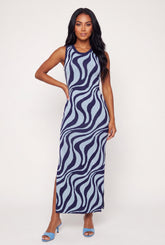Abstract Swirl Print Knit Side Slit Maxi Dress