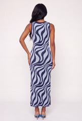 Abstract Swirl Print Knit Side Slit Maxi Dress
