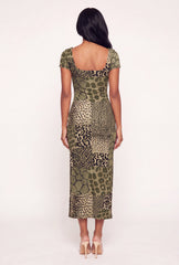 Animal Print Square Neck Side Slit Maxi Dress