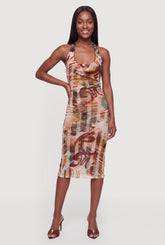 Bead Detail Patterned Mesh Tie Back Halter Dress