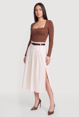 Belted Side Slit Midi Skirt