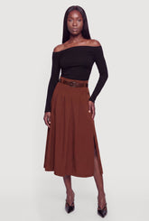 Belted Side Slit Midi Skirt
