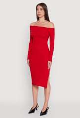Asymmetrical Fold Over Off The Shoulder Side Slit Dress