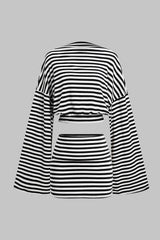 Stripes Print Bell Long-Sleeve Top And Mini Skirt Set