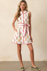 Chic By Nature Red Floral Cotton Scallop Hem Mini Shirt Dress