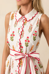Chic By Nature Red Floral Cotton Scallop Hem Mini Shirt Dress