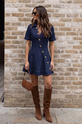 Denim V-Neck Asymmetrical Button Stitching Short Sleeve Mini Dress