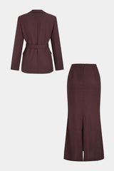 Notched Lapel Belted Pocket Blazer And Skirt Set