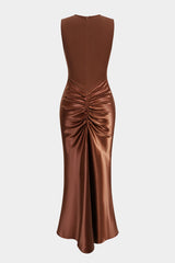 Satin Patchwork Round Neck Ruched Sleeveless Maxi Dress
