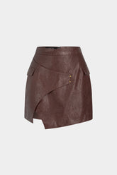 Faux Leather Metallic Asymmetrical Fake Pocket Skirt