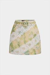 Watercolor Floral Print Applique Belted Mini Skirt