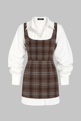 Solid Long Sleeve Shirt And Plaid Print Mini Dress Set
