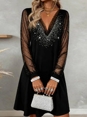 Black Rhinestone Printed V-neck Long Sleeve Mini Dress