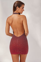 Embellished Halter Neck Mini Dress in Red/Brown Ombr¨¦