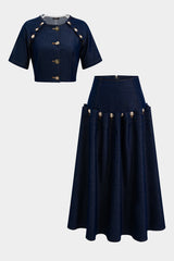 Denim Metallic Button Short Sleeve Top And Tie-Up Skirt Set