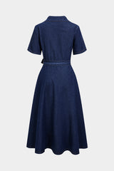 Denim V-Neck Belted Short Sleeve Maxi Dress