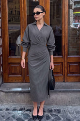 Stripes Print V-Neck Ruched Long Sleeve Maxi Dress