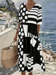 Black White Geo Polka Stripe Tiered V Neck Short Sleeve Midi Dress