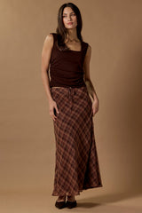 Align Wine Cinnamon Check Tie Waist Bias Maxi Skirt