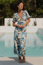 Amora Blue Vintage Floral SS Bias Midi Dress