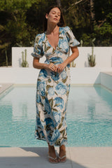 Amora Blue Vintage Floral SS Bias Midi Dress