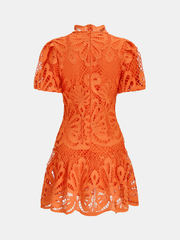 High Neck Short Sleeve Guipure Lace Mini Dress