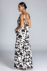 Break Your Heart Ivory Black Floral Cotton Linen Strappy Maxi Dress