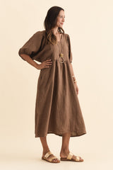 Claudine Chocolate Linen Pocket Dress