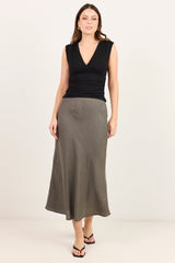 Bliss Dark Olive Linen Bias Midi Skirt