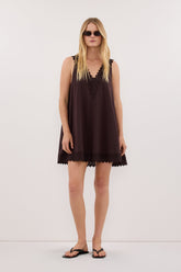 ANNABEL BURNT CHOC SLEEVELESS V NECK MINI DRESS