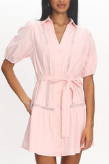 Darling Blossom Puff Sleeve Mini Shirt Dress Baby Pink
