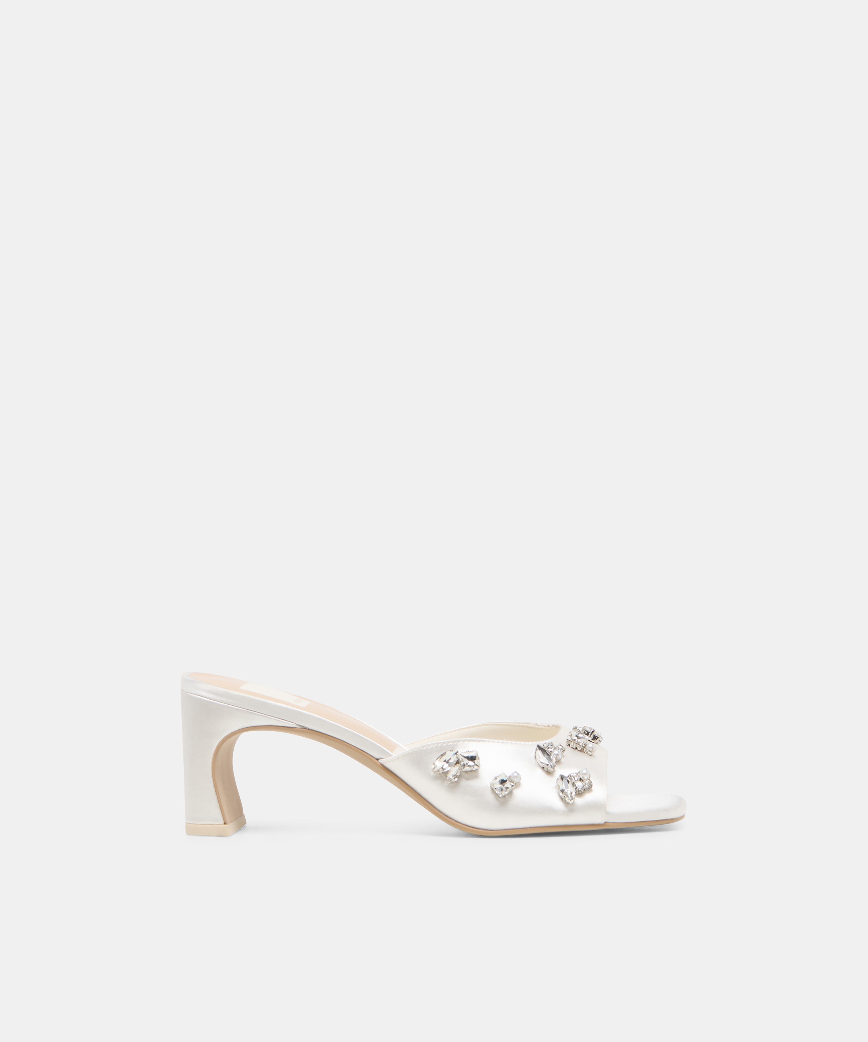 GENENE RHINESTONE HEELS WHITE SATIN