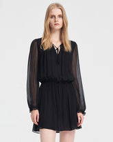 Sheer Sleeve Silk Tie Neck Mini Dress