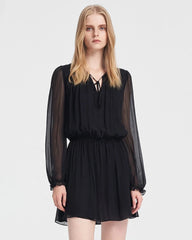 Sheer Sleeve Silk Tie Neck Mini Dress