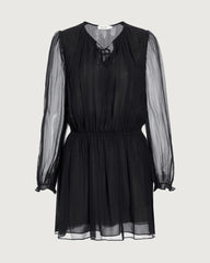 Sheer Sleeve Silk Tie Neck Mini Dress