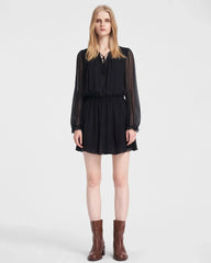Sheer Sleeve Silk Tie Neck Mini Dress