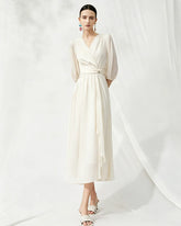 V-Neck Silk Midi Dress with Twist Front Waist