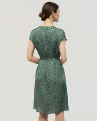 19 Momme Belted Silk A Line Dress in Verdant Dots